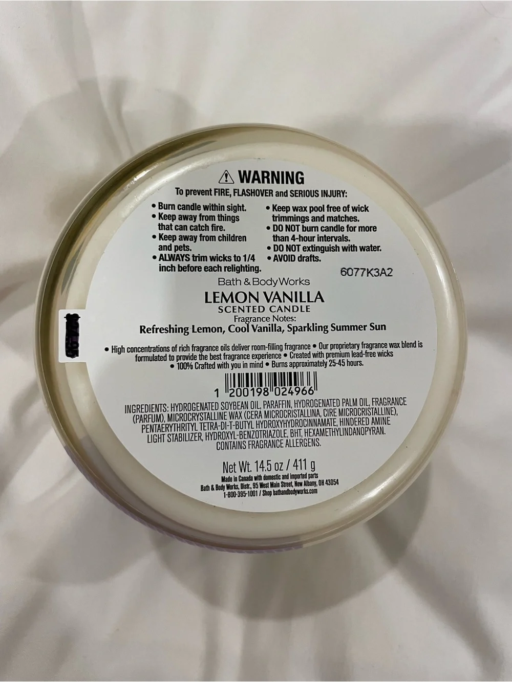 BBW Lemon Vanilla 3 Wick Candle